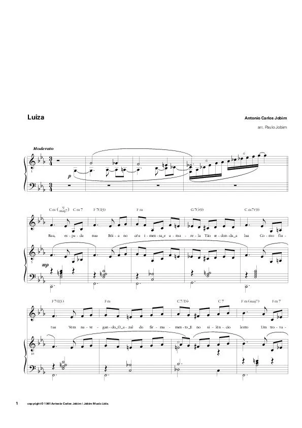 télécharger la partition d'accordéon Luiza (Arrangement : Paulo Jobim) (Samba) au format PDF