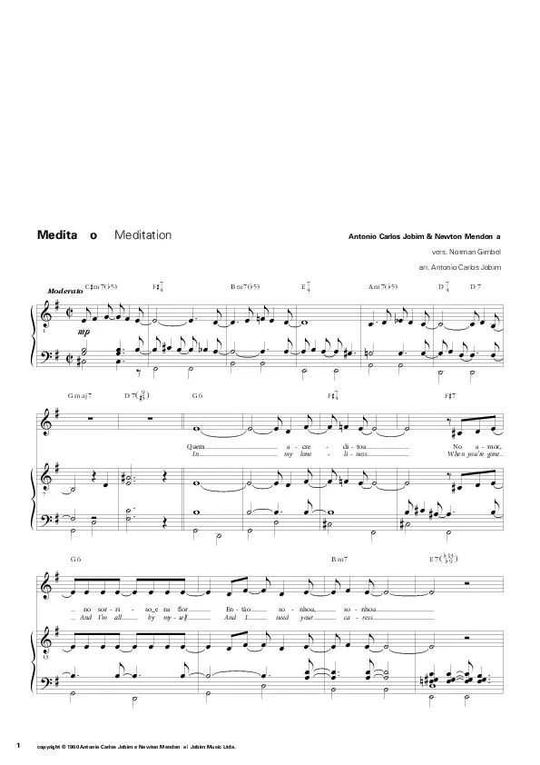 télécharger la partition d'accordéon Meditação (Meditation) (Arrangement : Tom Jobim) (Bossa Nova) au format PDF