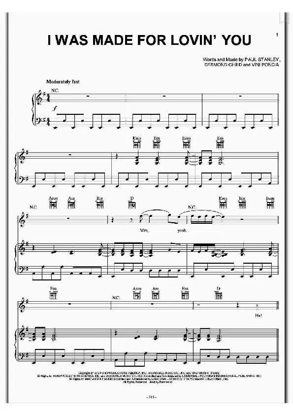 télécharger la partition d'accordéon I was made for lovin' you (Chant : Kiss) (Pop Rock) au format PDF
