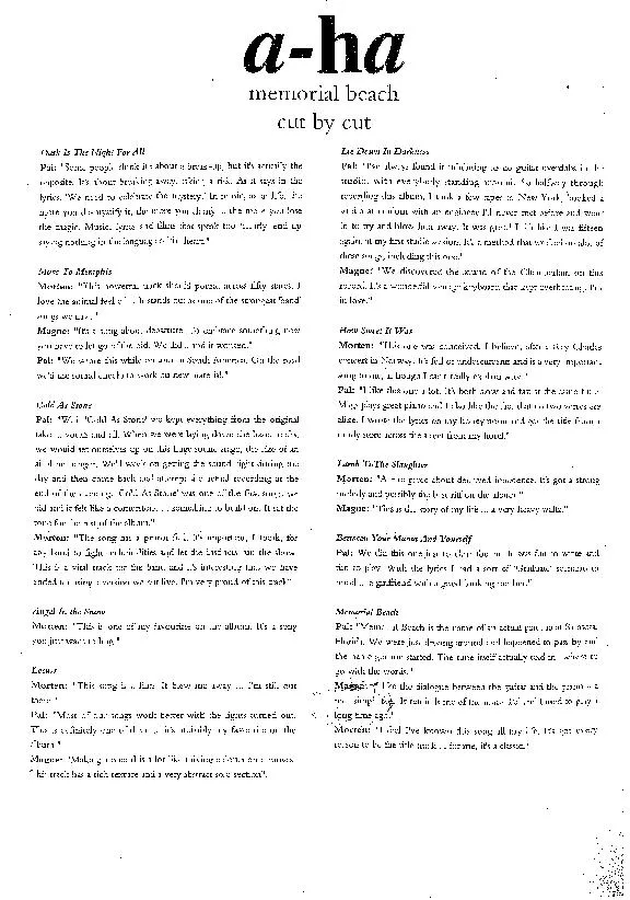 télécharger la partition d'accordéon A Ha : Memorial beach Cut by cut (10 titres) au format PDF