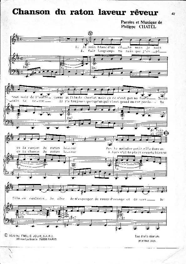 télécharger la partition d'accordéon Chanson du raton laveur rêveur (Chant : Louis Chedid) au format PDF