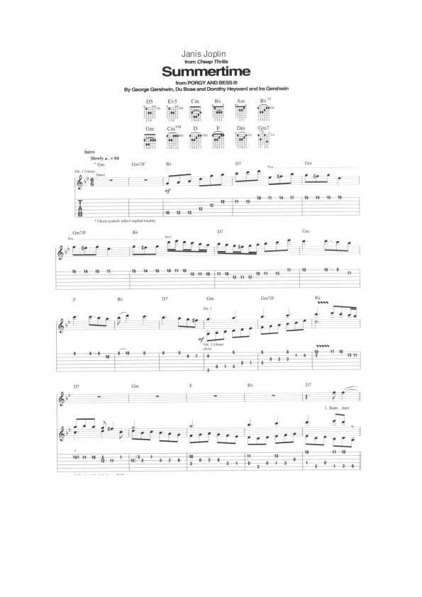 télécharger la partition d'accordéon Summertime (from Porgy & Bess) (Interprète : Janis Joplin) au format PDF