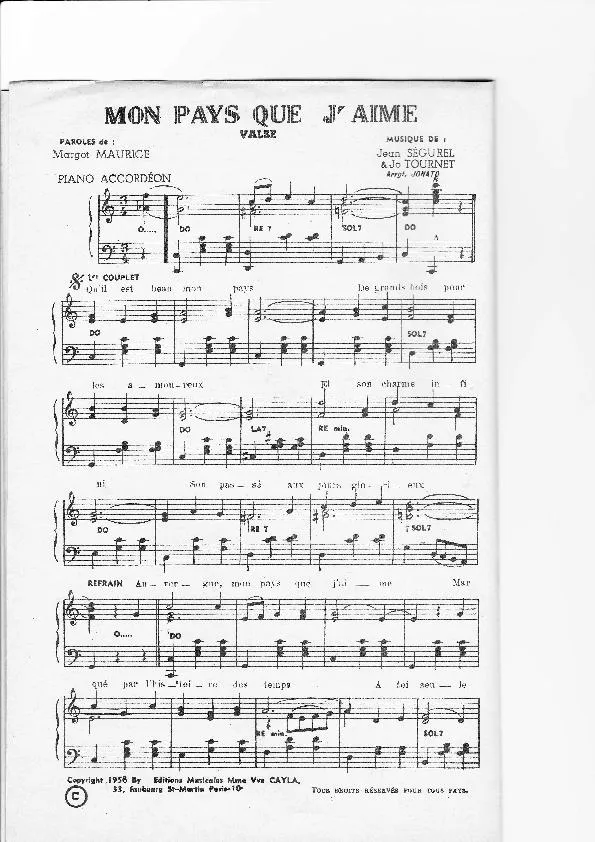 télécharger la partition d'accordéon Mon pays que j'aime (Arrangement : Jonato) (Valse) au format PDF