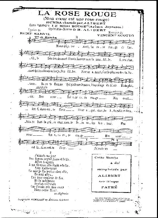 télécharger la partition d'accordéon La rose rouge (Mon coeur est une rose rouge) (De l'Opérette : Zou Le Midi bouge) (Arènes joyeuses) (Rumba Chantée) au format PDF