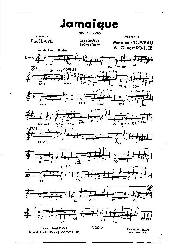 télécharger la partition d'accordéon Jamaïque (Rumba Boléro) au format PDF