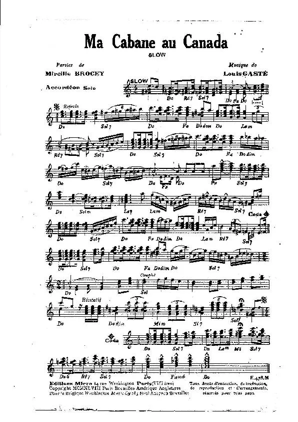 télécharger la partition d'accordéon Ma cabane au Canada (Chant : Line Renaud) (Accordéon Solo) (Slow)  au format PDF