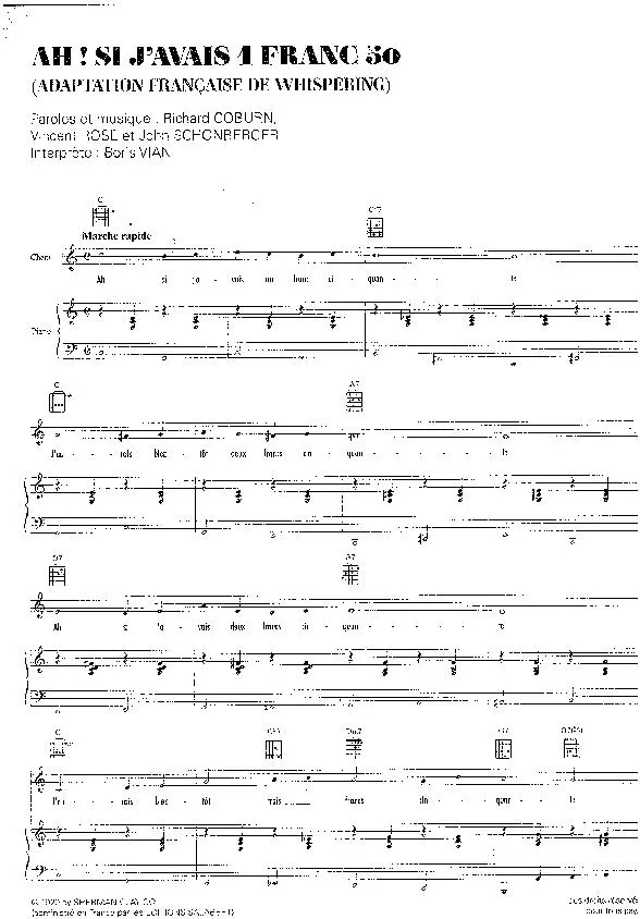 télécharger la partition d'accordéon Ah si j'avais 1 franc cinquante (Adaptation française de Whispering) (Interprète : Boris Vian) (Marche Rapide) au format PDF