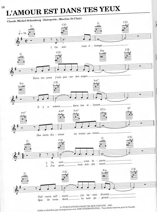télécharger la partition d'accordéon L'amour est dans tes yeux (Chant : Martine St-Clair) au format PDF