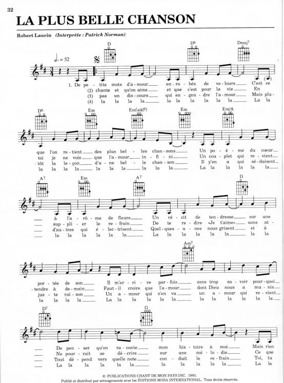 télécharger la partition d'accordéon La plus belle chanson (Chant : Patrick Norman) au format PDF