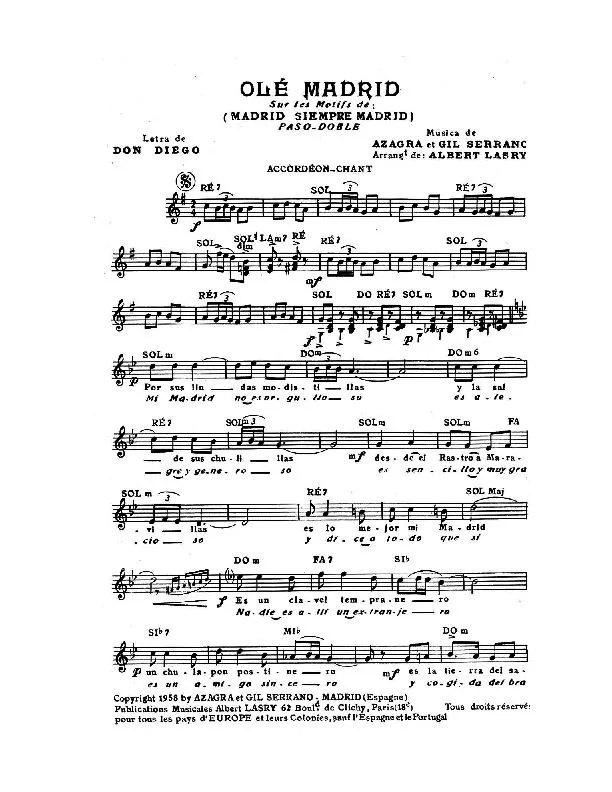 télécharger la partition d'accordéon Olé Madrid (Sur les motifs de : Madrid siempre Madrid) (Arrangement : Albert Lasry) (Paso Doble) au format PDF