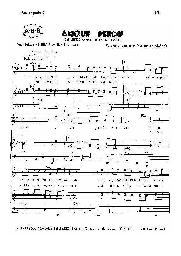 télécharger la partition d'accordéon Amour perdu (De liefde komt, de liefde gaat) (Boléro-Rock) au format PDF