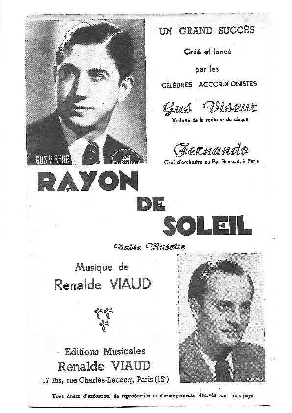 télécharger la partition d'accordéon Rayon de soleil (Créée par : Gus Viseur et Fernando) (Valse Musette) au format PDF
