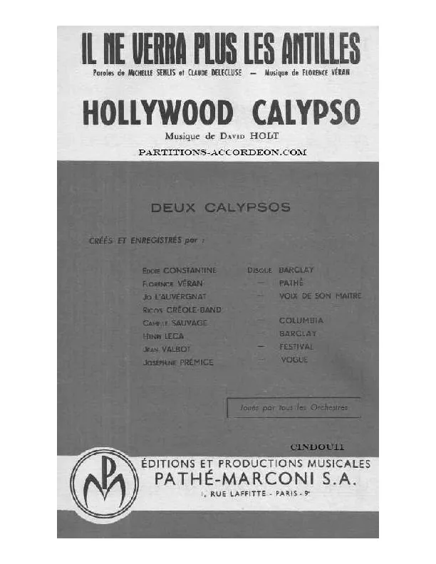 télécharger la partition d'accordéon Hollywood Calypso (Chant : Josephine Premice) (Orchestration Complète) au format PDF