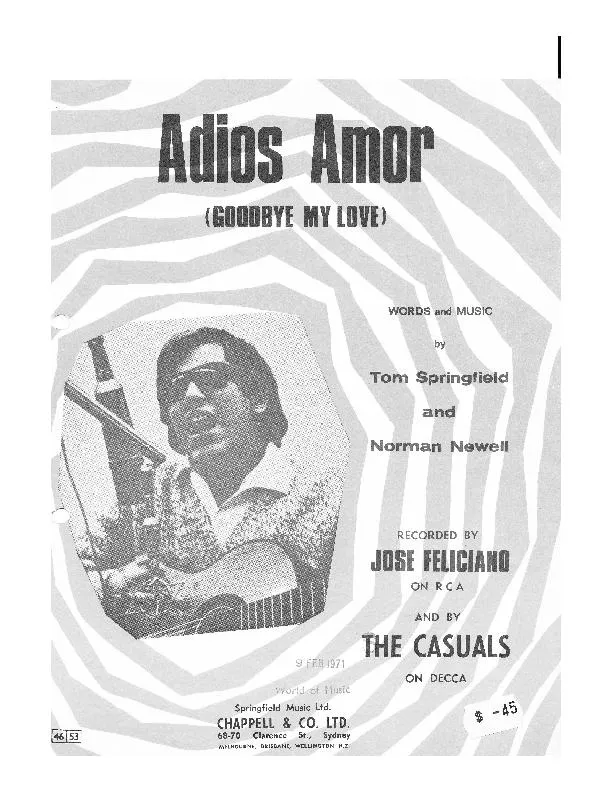 télécharger la partition d'accordéon Adios Amor (Goodbye my love) (Enregistré par : José Féliciano / The Casuals) (Slow) au format PDF