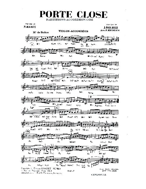 télécharger la partition d'accordéon Porte close (Arrangement : Frank Engelen) (Orchestration Complète) (Boléro) au format PDF