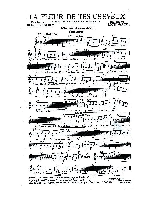 télécharger la partition d'accordéon La fleur de tes cheveux (Chant : Luis Mariano) (Orchestration Complète) (Boléro) au format PDF