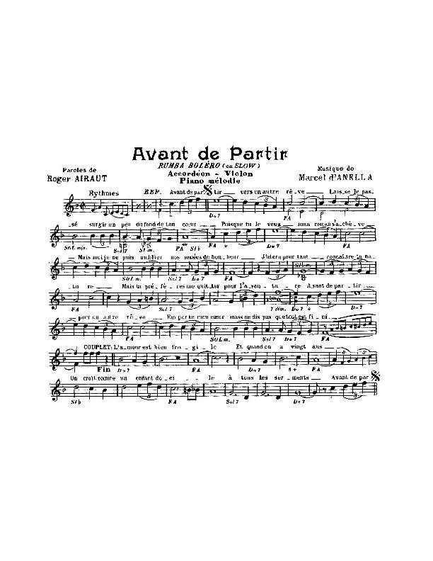 télécharger la partition d'accordéon Avant de partir (Rumba Boléro) ou (Slow) au format PDF