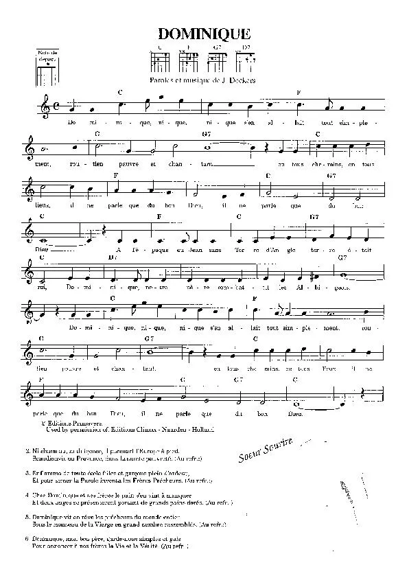 télécharger la partition d'accordéon Dominique (Chant : Soeur Sourire) au format PDF