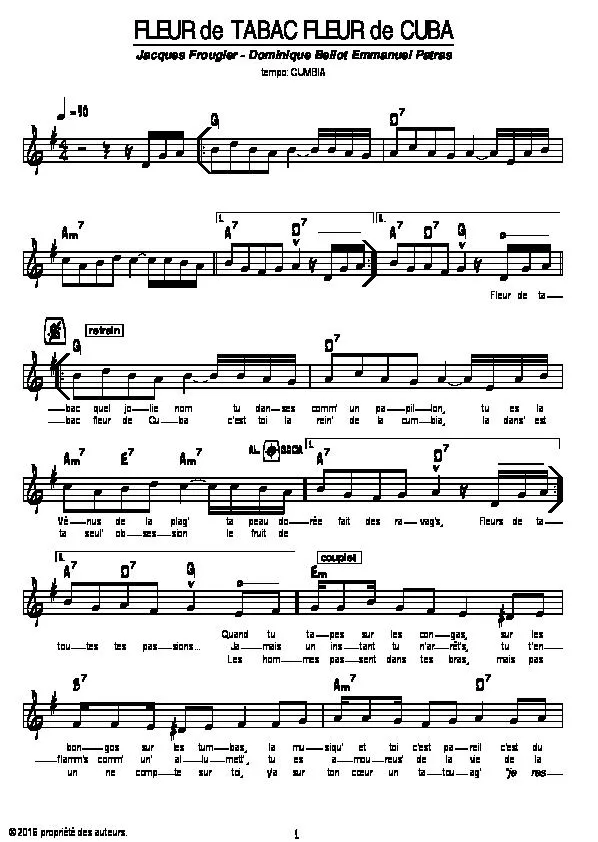 télécharger la partition d'accordéon Fleur de tabac fleur de Cuba (Cumbia Chantée) au format PDF