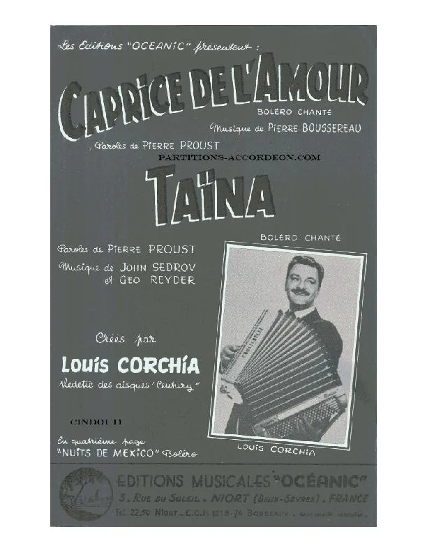 télécharger la partition d'accordéon Taïna (Arrangement : Pierre Boussereau) (Créé par : Louis Corchia) (Orchestration) (Boléro Cha Cha Cha) au format PDF
