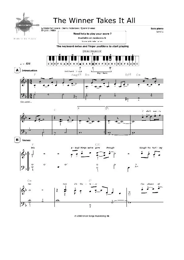 télécharger la partition d'accordéon The winner takes it all (Chant : Abba) au format PDF