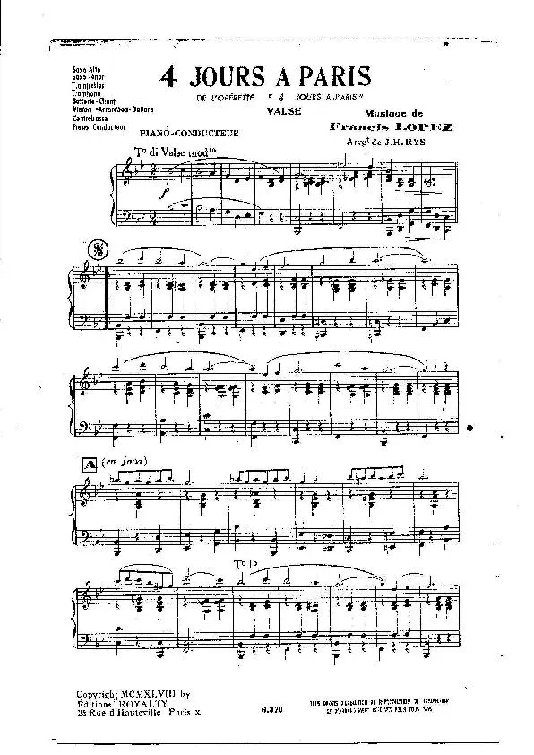 télécharger la partition d'accordéon 4 jours à Paris (De l'Opérette : 4 jours à Paris) (Arrangement : Jacques-Henry Rys) (Valse) (Partie : Piano) au format PDF