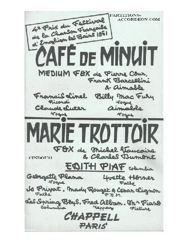 télécharger la partition d'accordéon Café de minuit (Orchestration Complète) (Interprètes : Francis Linel / Georgette Plana / Jean Leccia / Johnny Hawkins et son orchestre)  (Fox) au format PDF