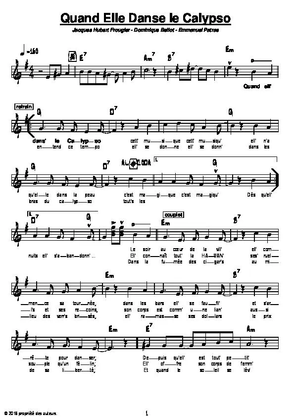 télécharger la partition d'accordéon Quand elle danse le calypso au format PDF