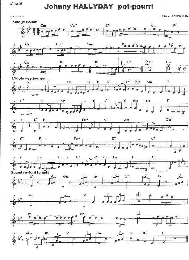 télécharger la partition d'accordéon Johnny Hallyday Pot Pourri (Arrangement Gérard Merson) au format PDF