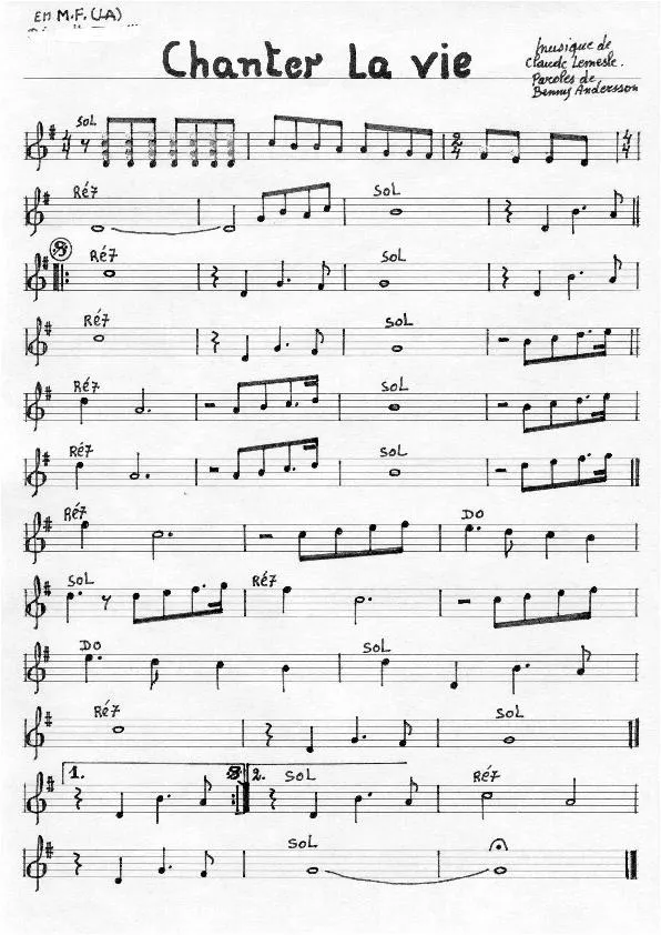 télécharger la partition d'accordéon Chanter la vie (I Have A Dream) (Chant : Nana Mouskouri / Abba) (Partition Manuscrite) au format PDF