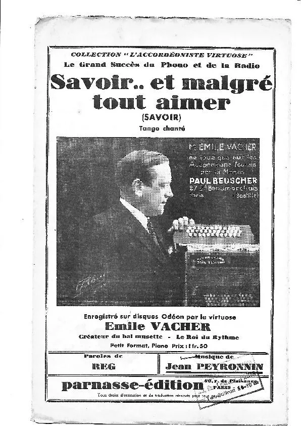 télécharger la partition d'accordéon Savoir et malgré tout aimer (Savoir) (Enregistré par : Emile Vacher) (Tango Chanté) au format PDF