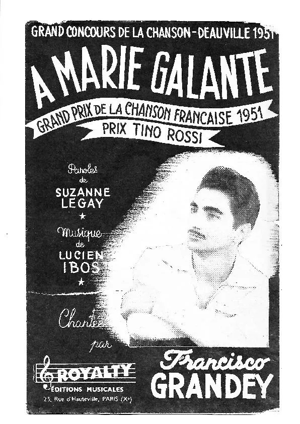 télécharger la partition d'accordéon A Marie Galante (Arrangement : Albert Lasry) (Grand prix de la chanson Française 1951) (Prix : Tino Rossi) (Orchestration) (Rumba Boléro) au format PDF