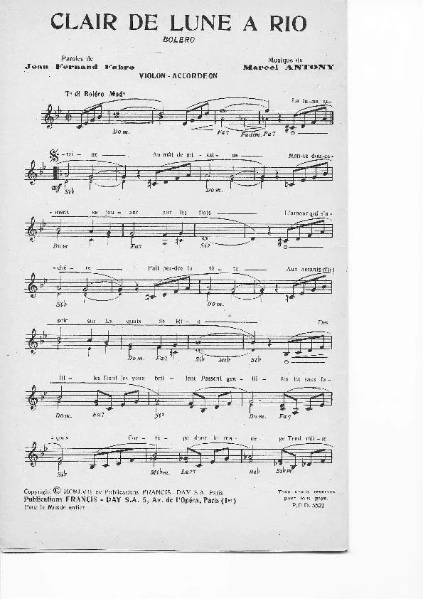 télécharger la partition d'accordéon Clair de lune à Rio (Boléro) au format PDF
