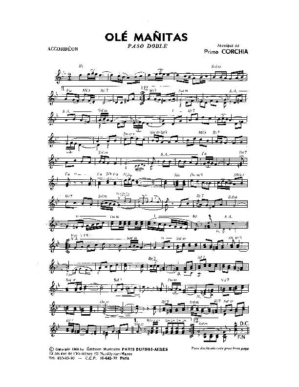 télécharger la partition d'accordéon Olé Mañitas (Paso Doble) au format PDF