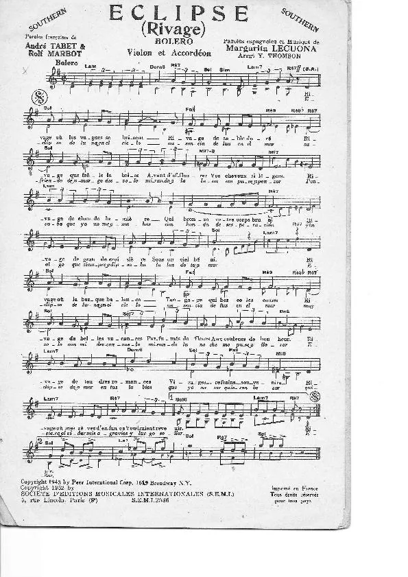 télécharger la partition d'accordéon Eclipse (Rivage) (Arrangement : Yvonne Thomson) (Boléro) au format PDF