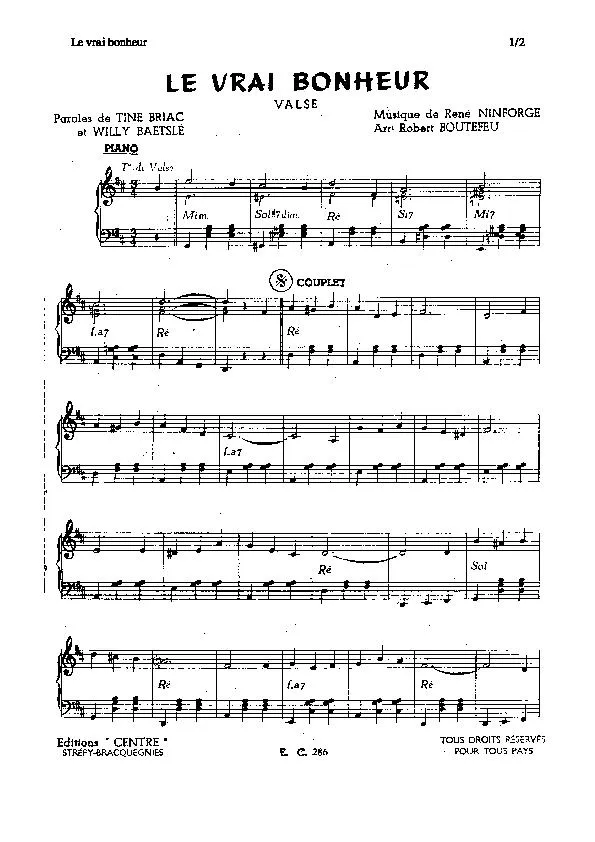 télécharger la partition d'accordéon Le vrai bonheur (Arrangement : Robert Boutefeu) (Valse) au format PDF