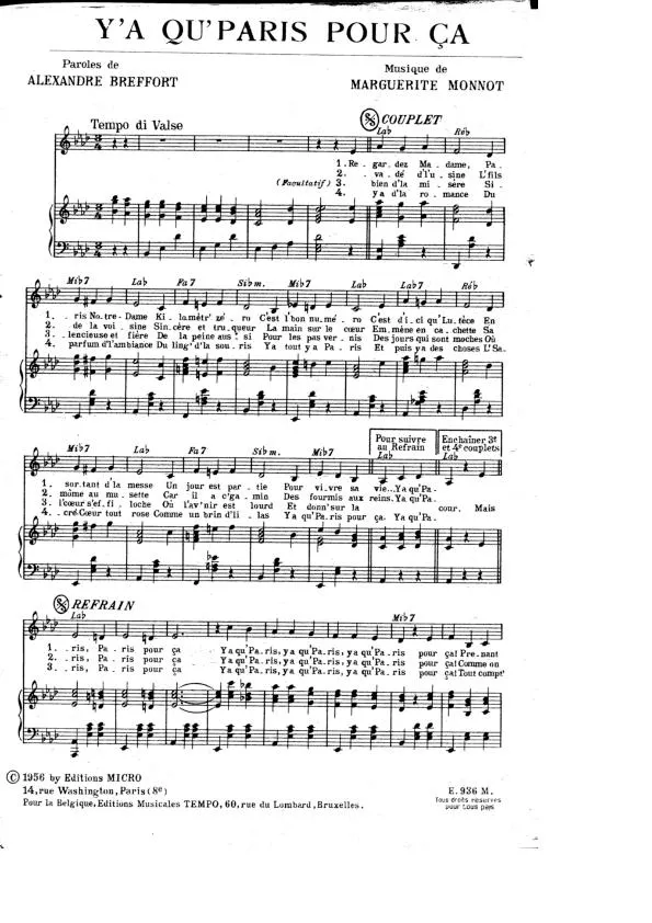 télécharger la partition d'accordéon Y'a qu' Paris pour ça (Irma la douce) (Valse Chanté) au format PDF