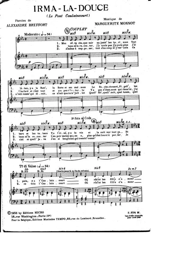 télécharger la partition d'accordéon Irma la douce (Le pont de Caulaincourt) au format PDF