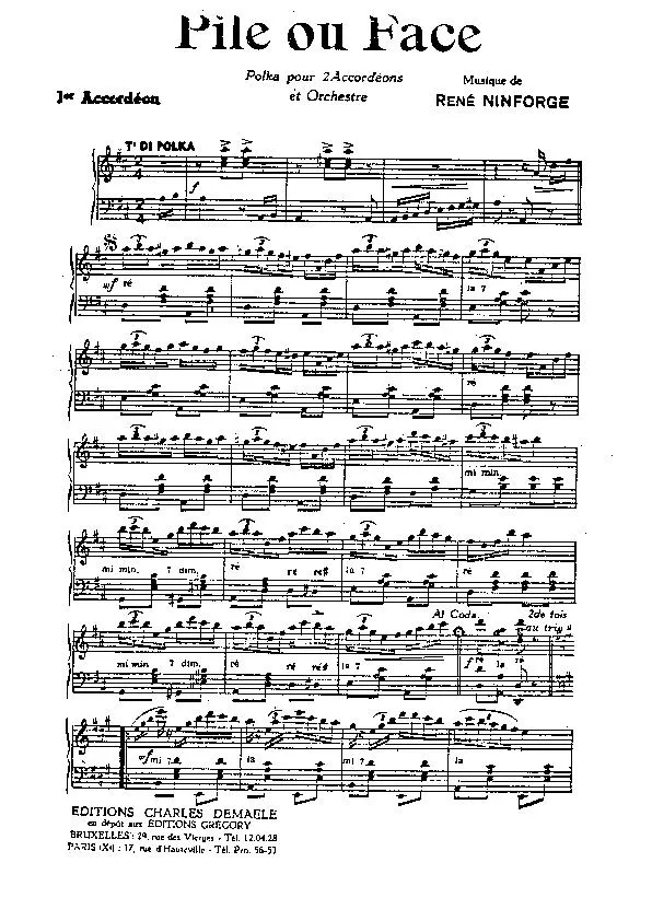 télécharger la partition d'accordéon Pile ou face (1er Accordéon) (Polka)  au format PDF