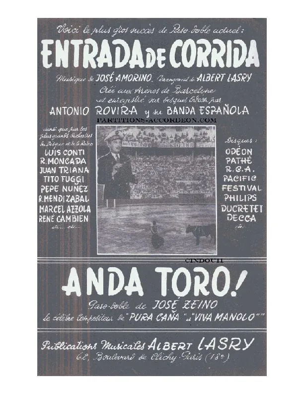 télécharger la partition d'accordéon Entrada de Corrida (Arrangement : Albert Lasry) (Orchestration Complète) (Paso Doble) au format PDF