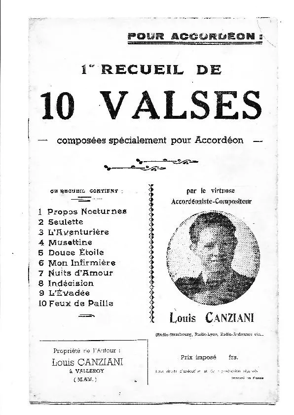 télécharger la partition d'accordéon Pour Accordéon : 1er Recueil de 10 Valses (Propos nocturnes + Seulette + L'aventurière + Musettine + Douce étoile + Mon infirmière + Nuits d'amour + Indécision + L'évadée + Feux de paille) au format PDF