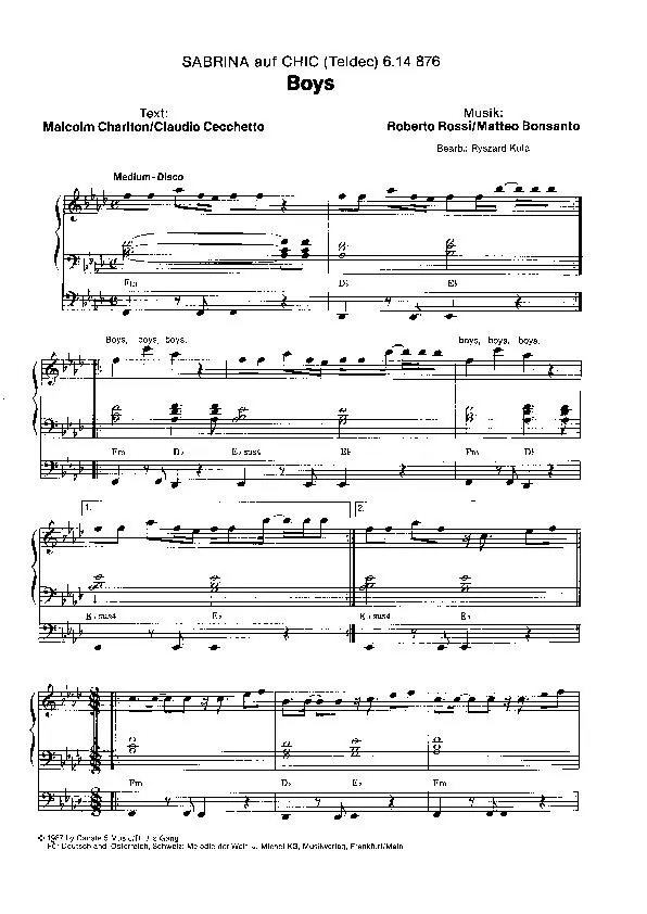 télécharger la partition d'accordéon Boys (Sabrina auf Chic) (Arrangement : Ryszart Kula) (Disco) au format PDF