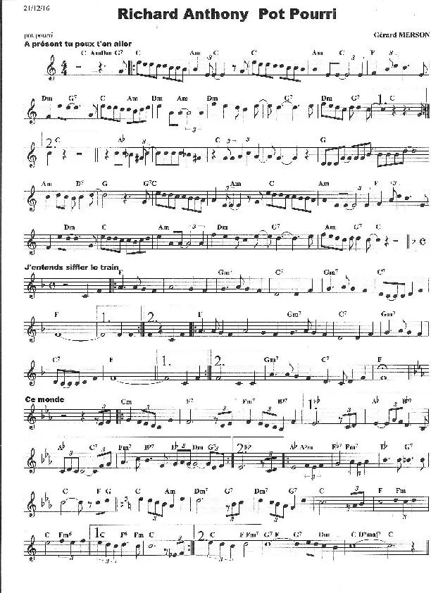 télécharger la partition d'accordéon Richard Anthony Pot Pourri (Arrangement : Gérard Merson) au format PDF