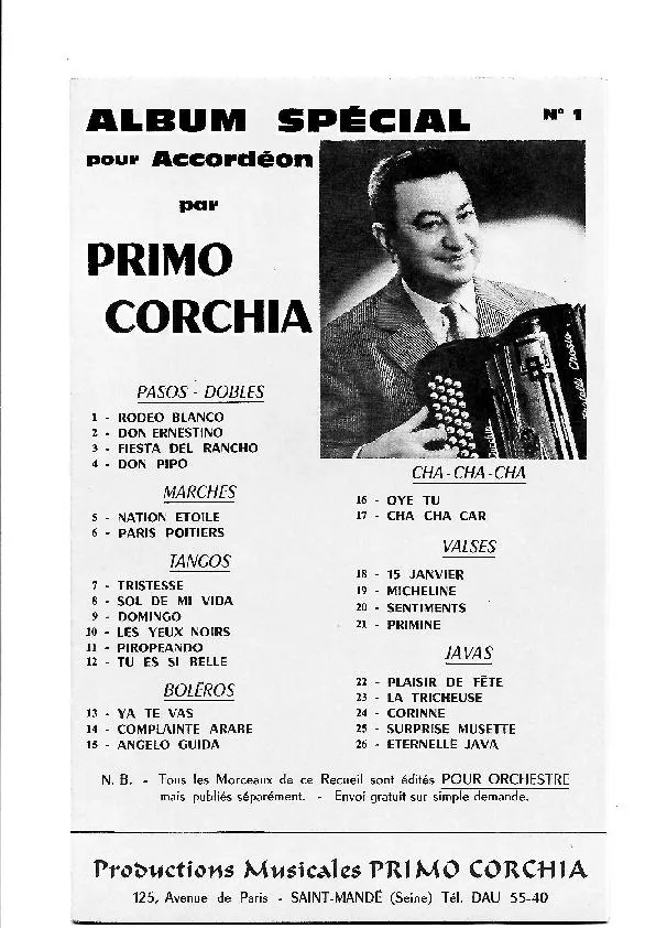 télécharger la partition d'accordéon Album Spécial n°1 pour Accordéon par Primo Corchia (26 Titres) au format PDF