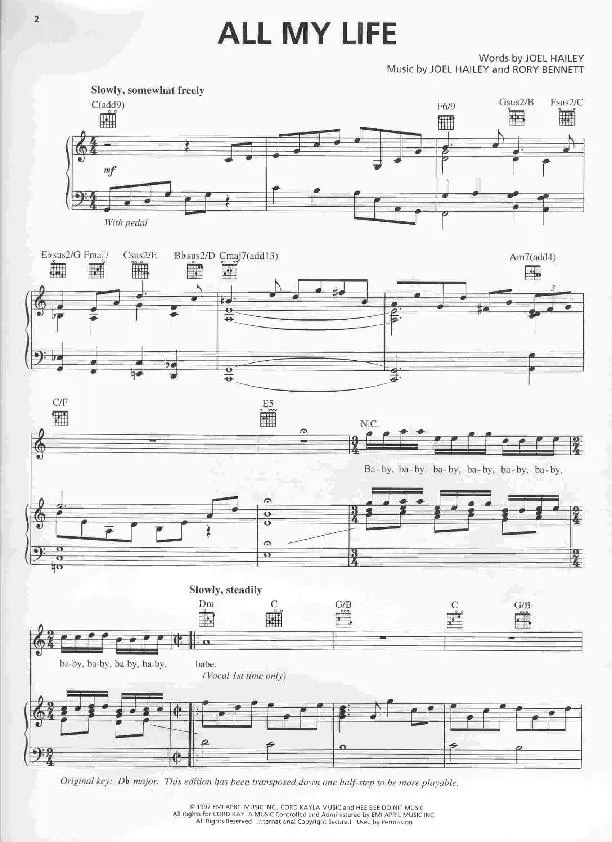 télécharger la partition d'accordéon All my life (Slow) au format PDF