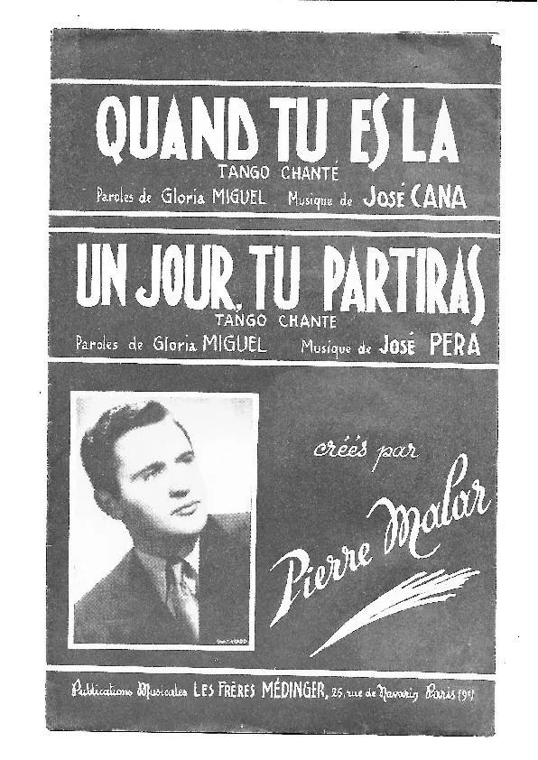 télécharger la partition d'accordéon Un jour tu partiras (Créé par : Pierre Malar) (Tango Chanté) au format PDF