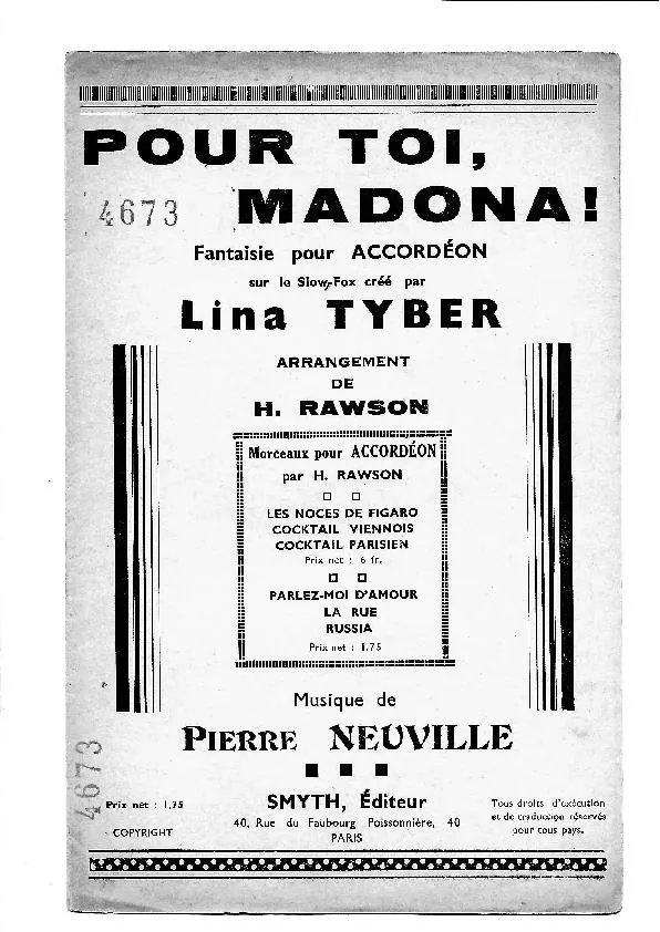 télécharger la partition d'accordéon Pour toi Madona (Arrangement : Henri Rawson) (Fantaisie sur le célèbre slow fox créé par Lina Tyber) au format PDF