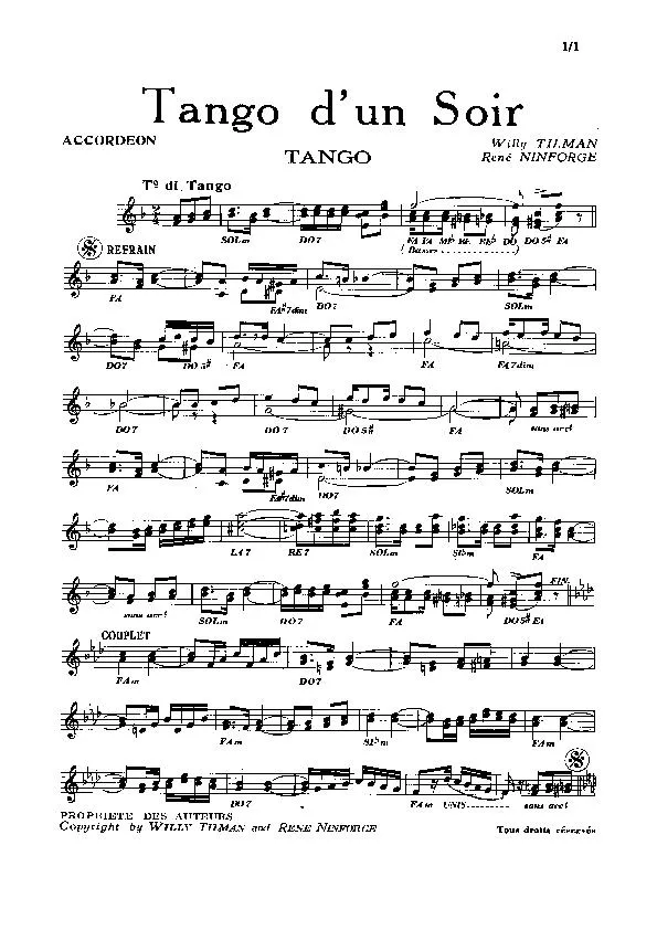 télécharger la partition d'accordéon Tango d'un soir au format PDF