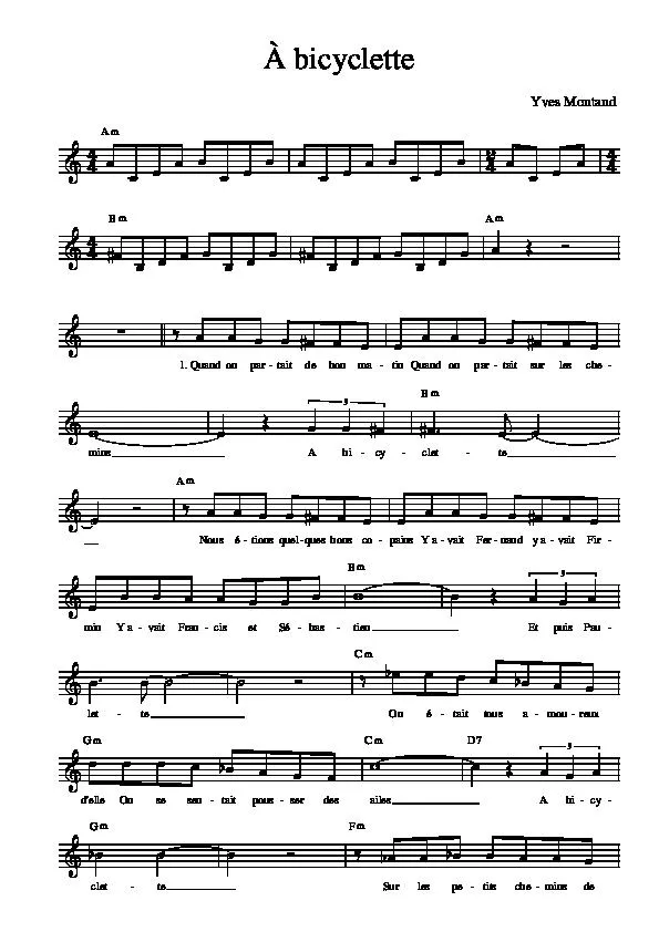 télécharger la partition d'accordéon A bicyclette (Chant : Yves Montand / Bourvil) (Relevé) au format PDF