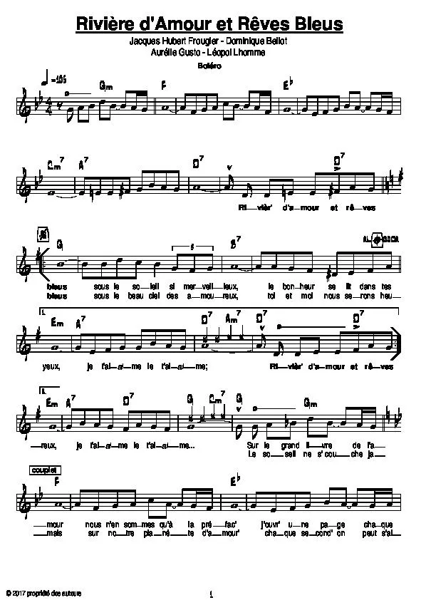 télécharger la partition d'accordéon Rivière d'amour et rêves bleus (Boléro Chanté) au format PDF